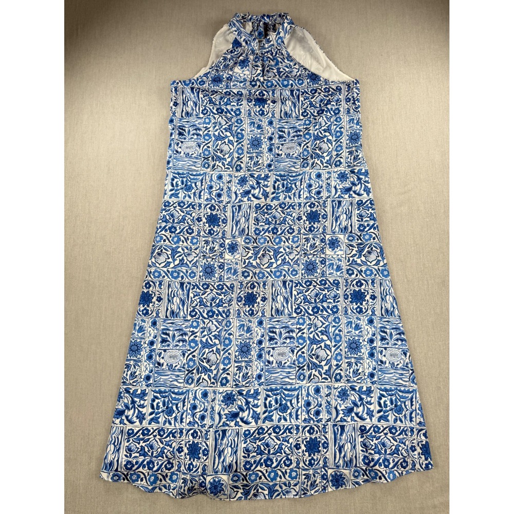 Ann Taylor Blue White Tile Floral Halter Maxi Dress Large L Sleeveless Gown